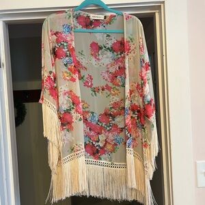Veronica M Floral Kimono with Fringe in Red and Pink